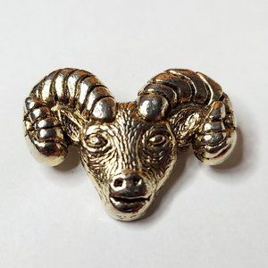 Vintage Gold Aries Rams Head Brooch with Spiral Horn Horoscope Bighorn Sheep EUC